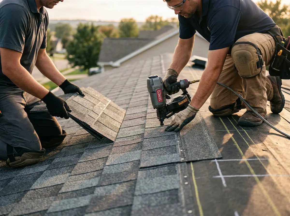 Professional roofer working on a residential roof in Kenosha